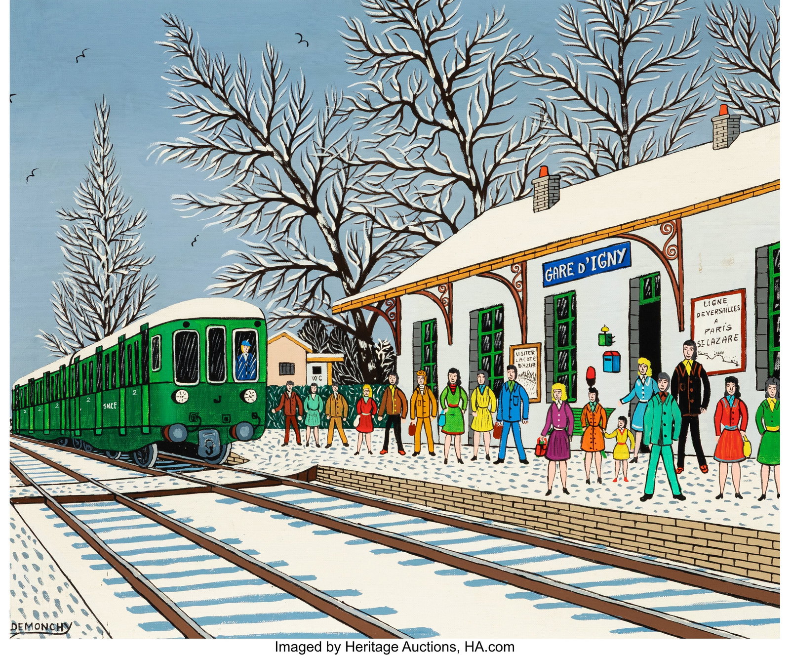 Andre Demonchy (French, b. 1914) Train en Gare D: Andre Demonchy (French, b. 1914) Train en Gare D'igny Oil on Canvas 20 x 24 inches (50.8 x 61.0 cm) Signed lower left: Demonchy Titled and inscribe