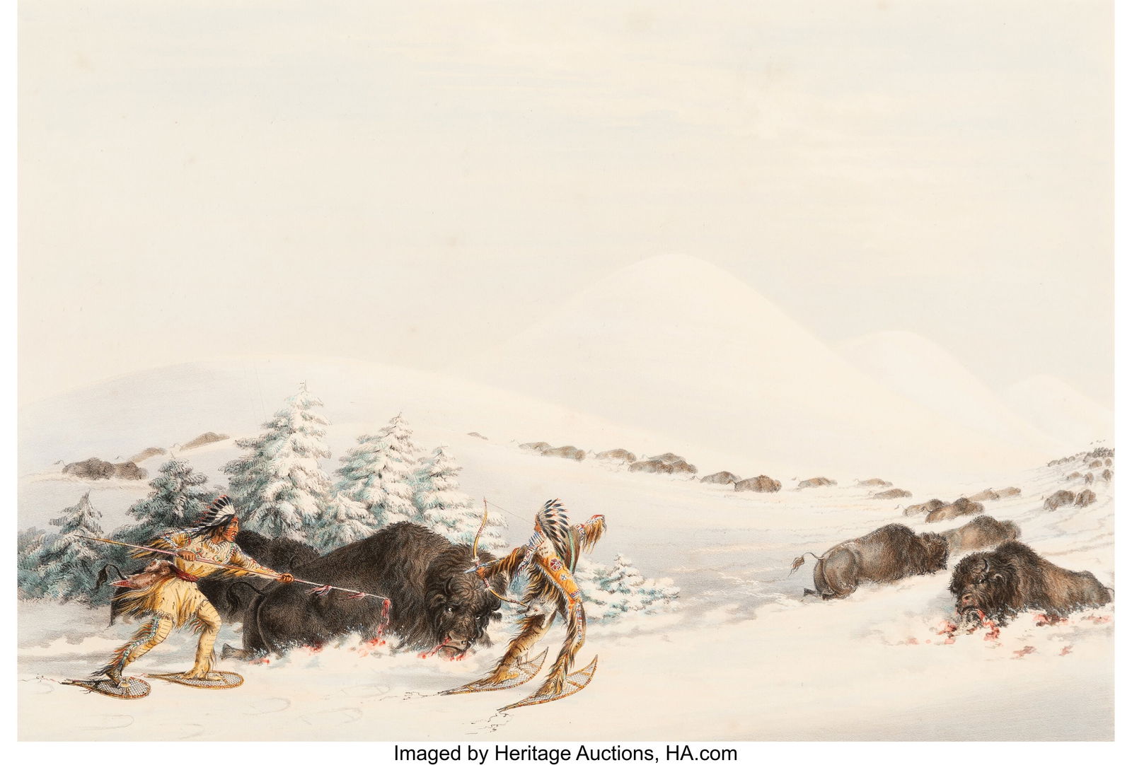 George Catlin (American, 1796-1872) Buffalo Hunt: George Catlin (American, 1796-1872) Buffalo Hunt, On Snow Shoes from Catlin's North American Indian Portfolio Lithograph on paper with hand embellishments 14-1/4 x 19-3/4