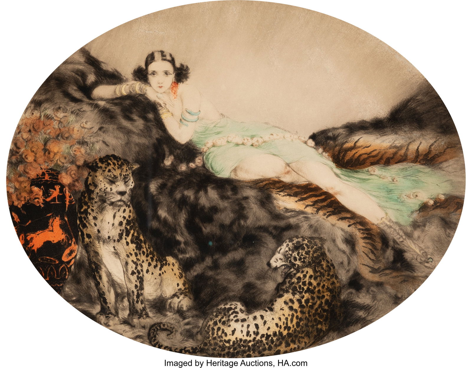 Louis Icart (French, 1888-1950) Thais, 1927 Etch: Louis Icart (French, 1888-1950) Thais, 1927 Etching with handcoloring on paper 16 x 20-3/8 inches (40.6 x 51.8 cm) (image) Signed in pencil