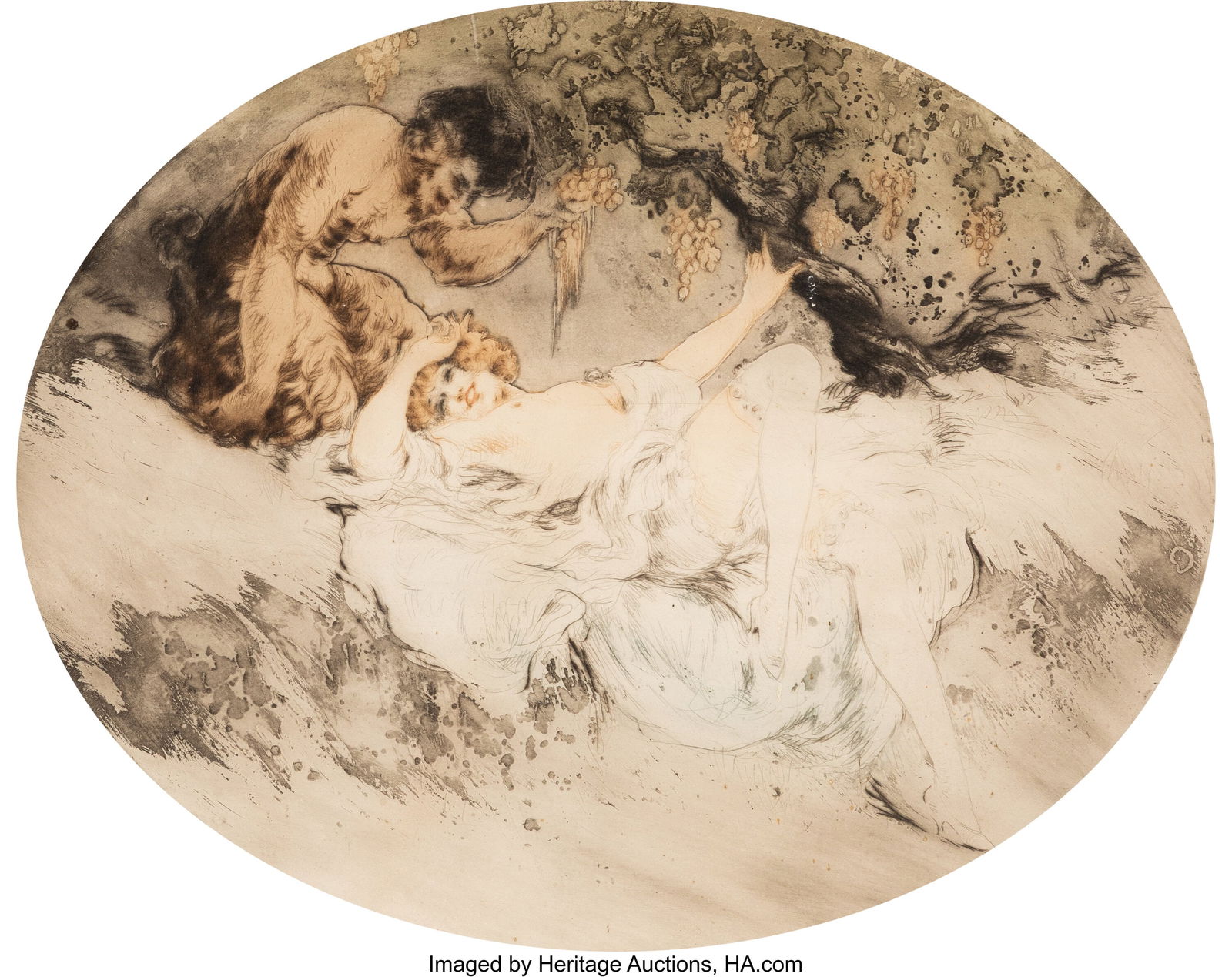 Louis Icart (French, 1888-1950) Afternoon of the: Louis Icart (French, 1888-1950) Afternoon of the Faun, circa 1920 Etching with handcoloring on paper 10-1/2 x 13-1/4 inches (26.7 x 33.7 cm) &lpar