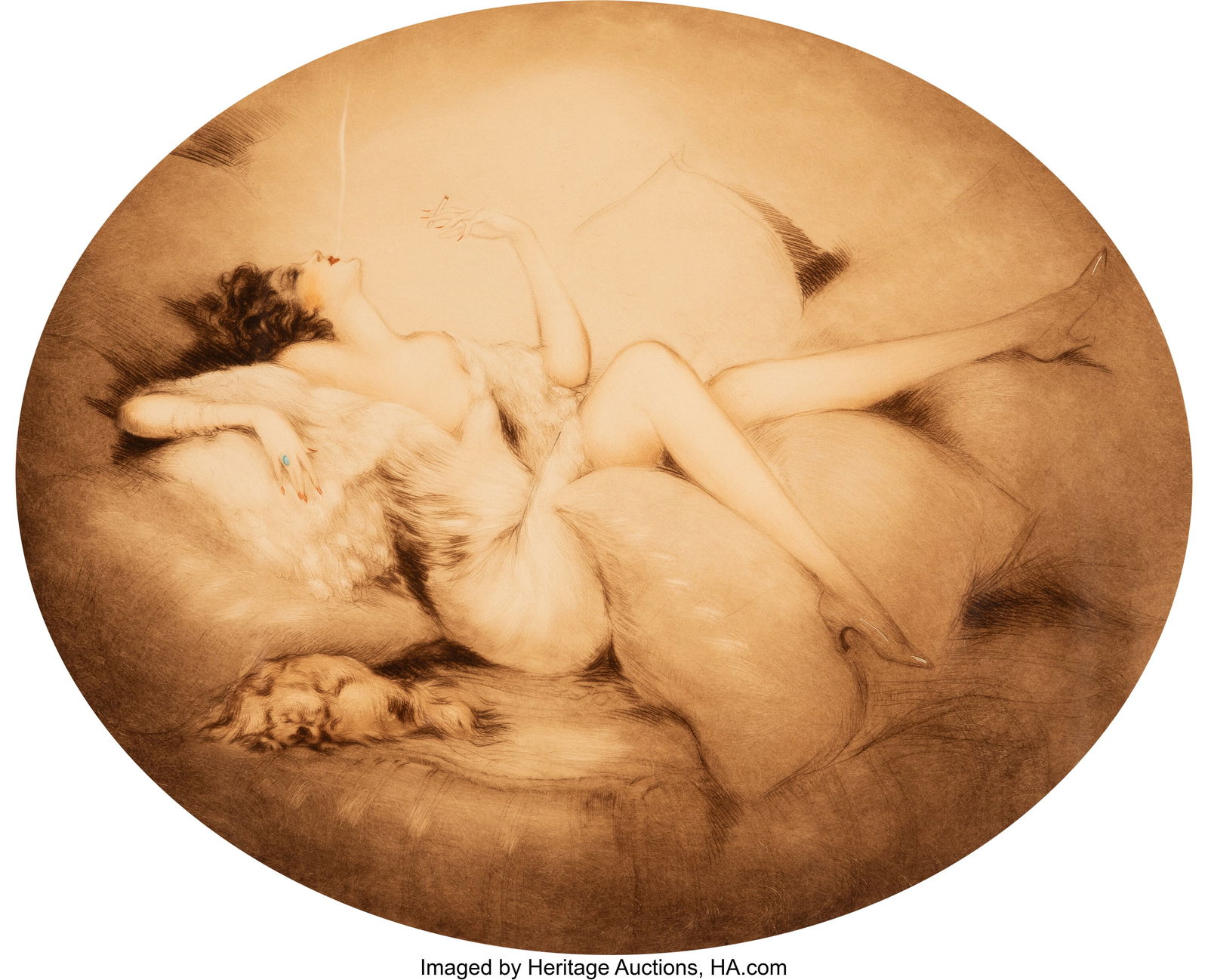 Louis Icart (French, 1888-1950) Cigarette Memori: Louis Icart (French, 1888-1950) Cigarette Memories, 1931 Etching with hand coloring on wove paper 14-1/4 x 17-1/2 inches (36.2 x 44.5 cm) (im