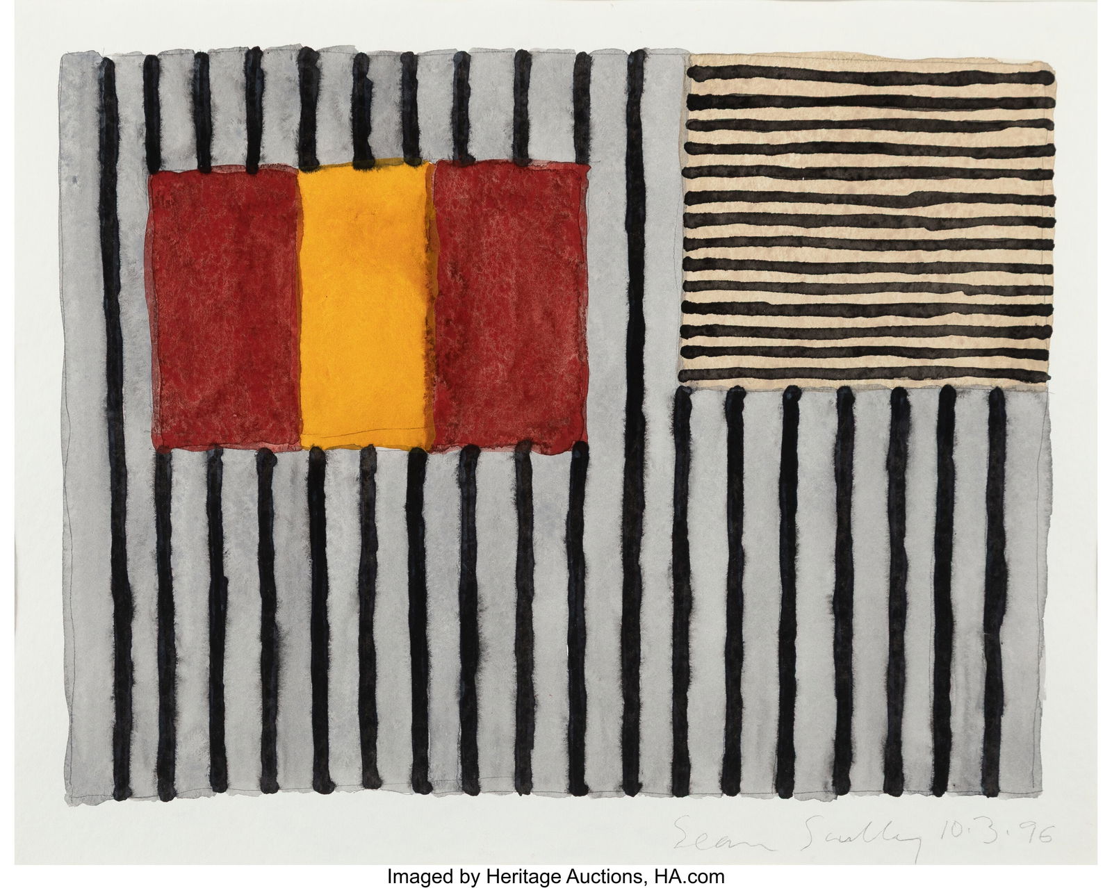 Sean Scully (b. 1945) 10.3.96, 1996 Watercolor o: Sean Scully (b. 1945) 10.3.96, 1996 Watercolor on paper 15 x 17-3/4 inches (38.1 x 45.1 cm) (sheet) Signed, dated&comma