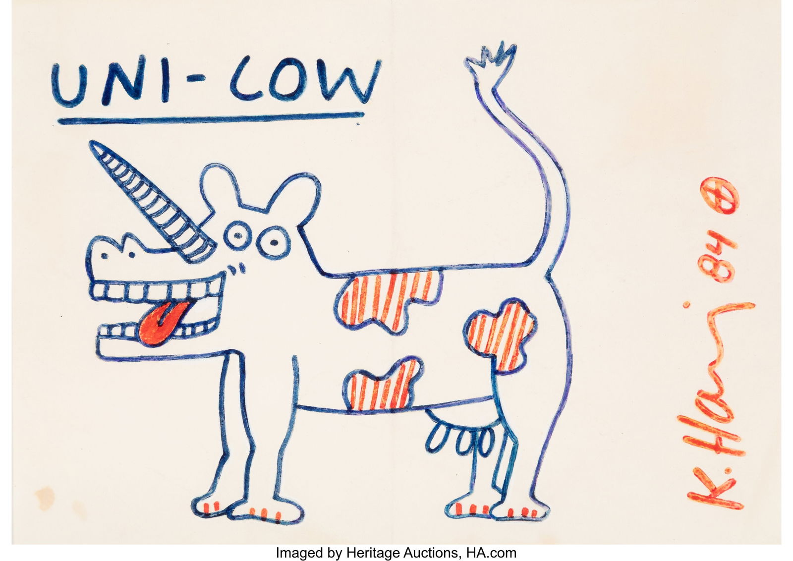 Keith Haring (1958-1990) Uni-Cow, 1984 Felt-tip: Keith Haring (1958-1990) Uni-Cow, 1984 Felt-tip pen on paper 8-3/4 x 12-3/8 inches (22.2 x 31.3 cm) Signed and dated along right edge: K.Ha