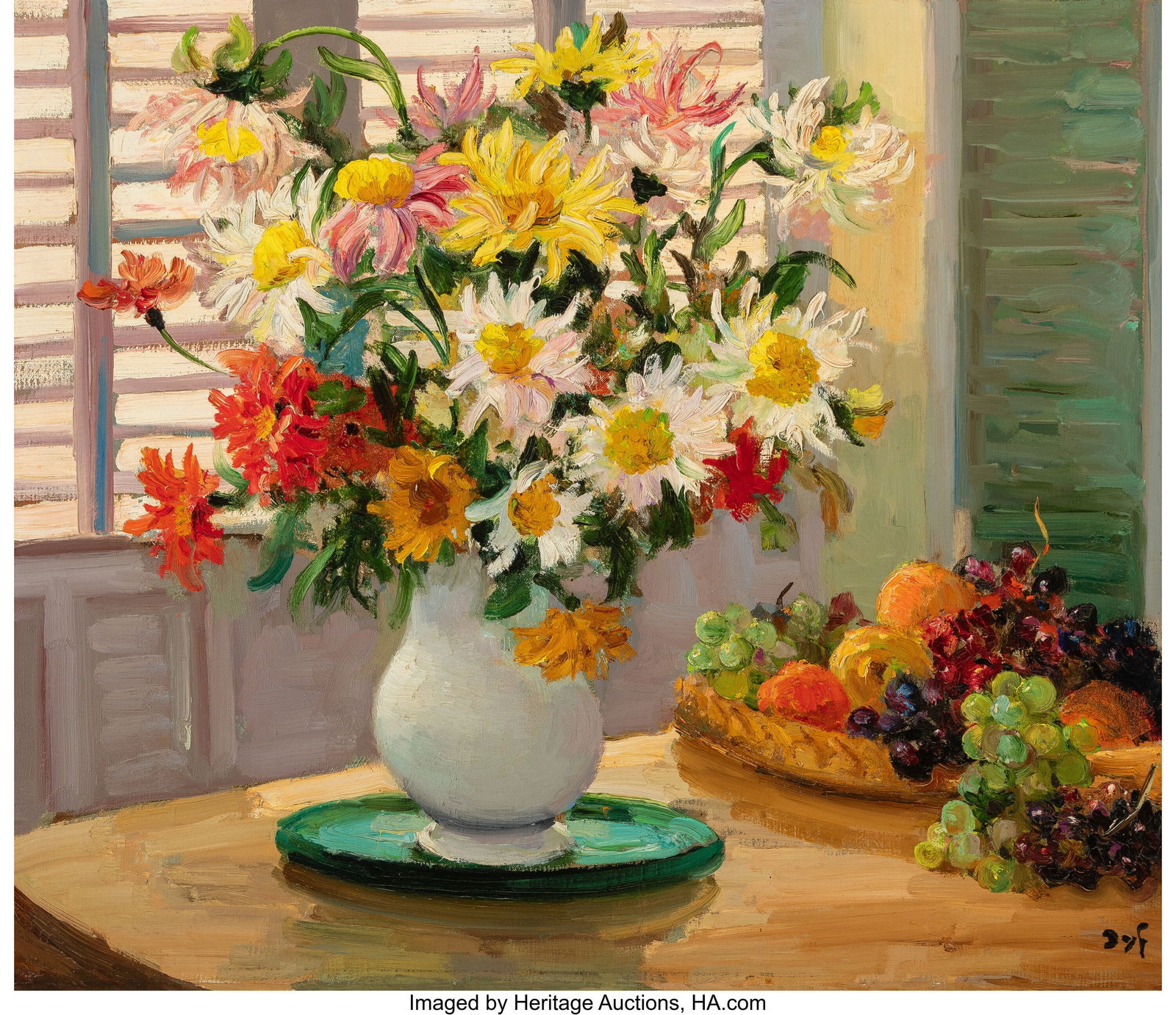 Marcel Dyf (French, 1899-1985) Fleurs et fruits: Marcel Dyf (French, 1899-1985) Fleurs et fruits d'automne devant des persiennes, 1957 Oil on canvas 24 x 28 inches (61.0 x 71.1 cm) Signed lower right&col