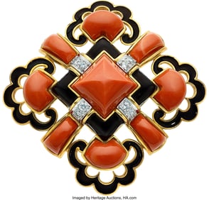 55003: David Webb Coral, Diamond, Enamel, Platinum, Go