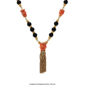 55021: Coral, Black Onyx, Gold Necklace Stones: Carved