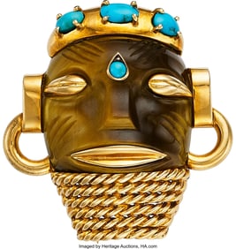 55025: Cartier Tiger's-Eye Quartz, Turquoise, Gold Broo