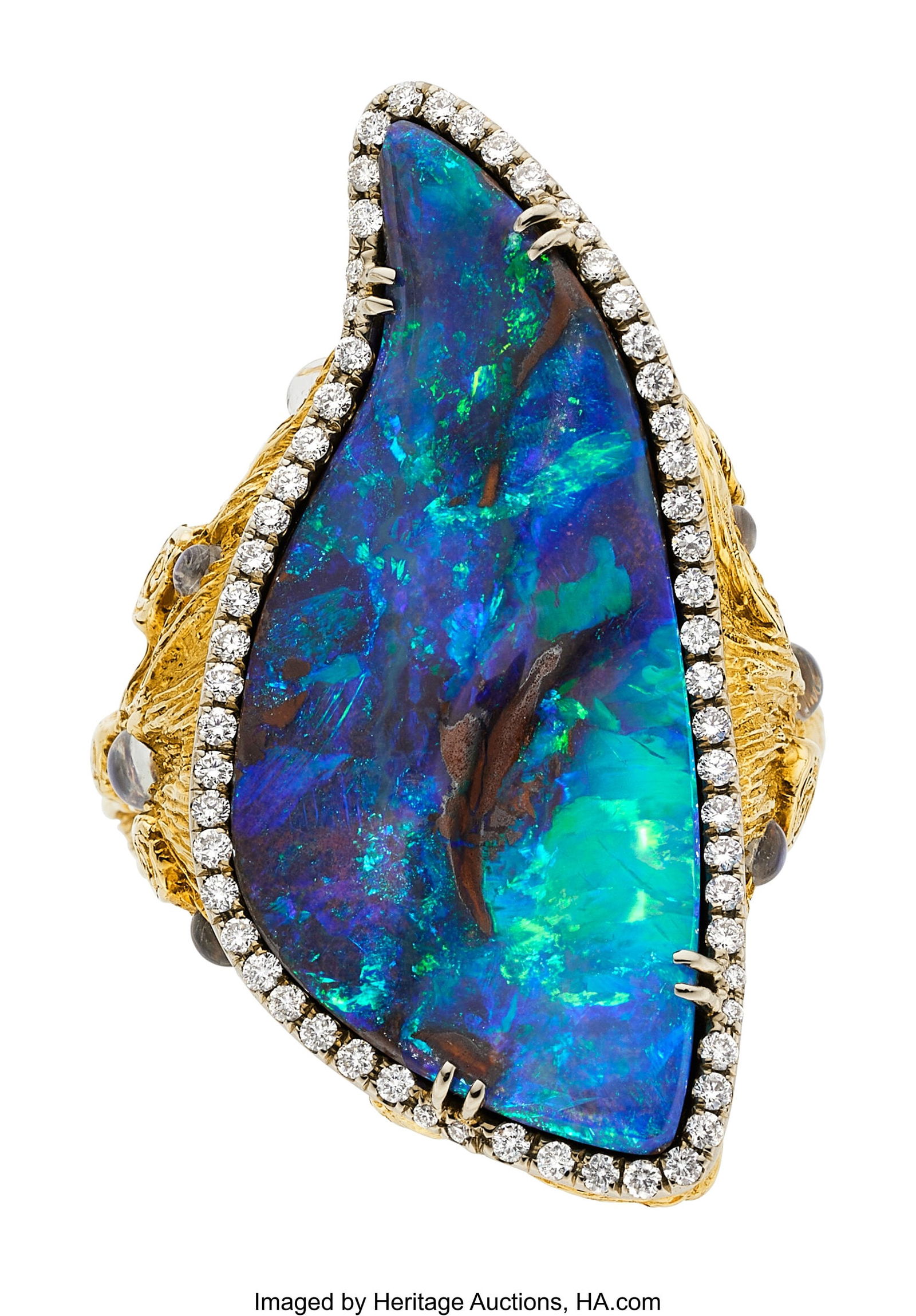 Victor Veylan Boulder Opal, Moonstone, Diamond,: Victor Veylan Boulder Opal, Moonstone, Diamond, Gold Ring Stones: Freeform boulder opal; moonstone cabochons; full-cut diamonds weighing a total of approximately 0&pe