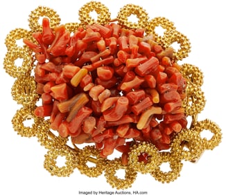 55033: Coral, Gold Brooch Stones: Sciacca coral Metal