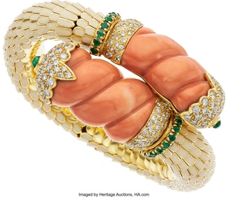 55035: Coral, Diamond, Emerald, Enamel, Gold Bracelet