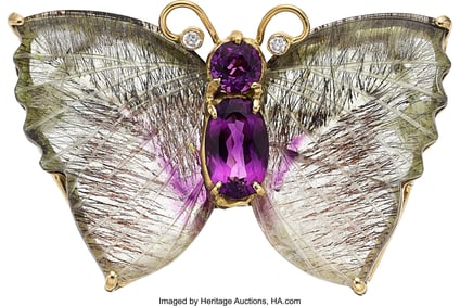 55039: Amethyst, Included Quartz, Topaz, Gold Brooch S