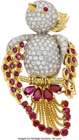 55046: Ruby, Diamond, Platinum, Gold Brooch Stones: P