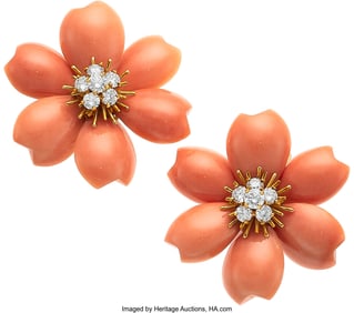 55048: Van Cleef & Arpels Coral, Diamond, Gold Earring