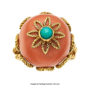 55051: Van Cleef & Arpels Coral, Turquoise, Gold Ring