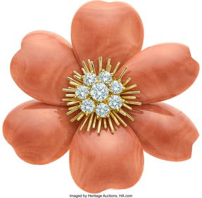 55054: Van Cleef & Arpels Coral, Diamond, Gold Brooch,