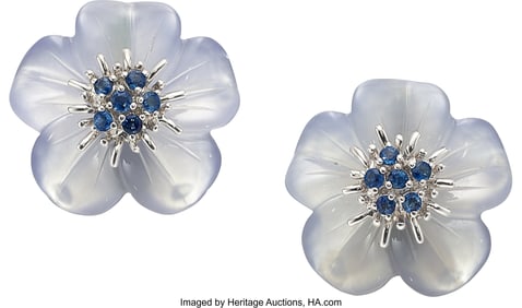 55066: Blue Chalcedony, Sapphire, White Gold Earrings