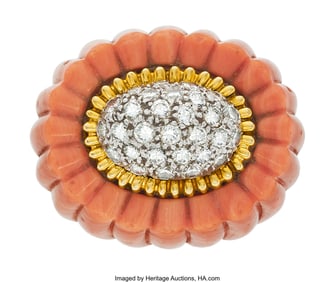 55073: David Webb Coral, Diamond, Platinum, Gold Ring,