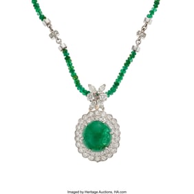 55085: Emerald, Diamond, White Gold Pendant-Necklace
