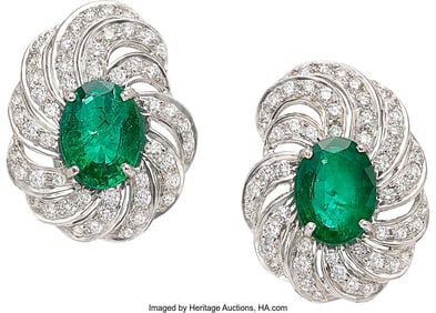 55086: Zambian Emerald, Diamond, White Gold Earrings S