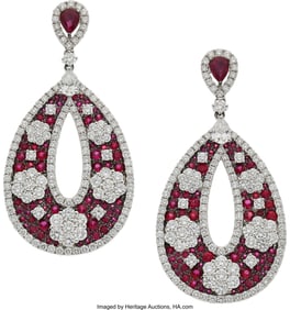 55092: Ruby, Diamond, White Gold Earrings Stones: Pear