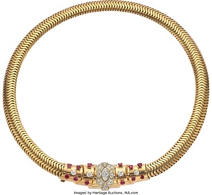 55103: Retro Ruby, Diamond, Gold Necklace Stones: Marq