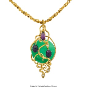 55105: Amethyst, Diamond, Chrysoprase, Gold Pendant-Ne