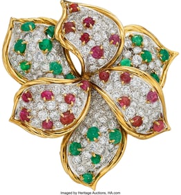 55107: Emerald, Ruby, Diamond, Platinum, Gold Brooch