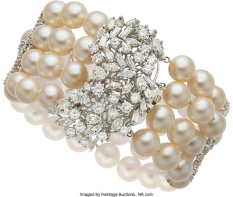 55117: Cultured Pearl, Diamond, White Gold Bracelet S
