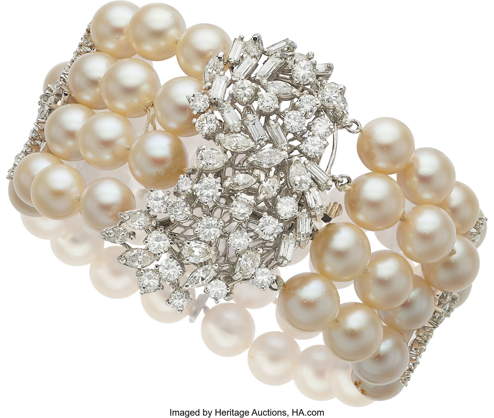 Cultured Pearl, Diamond, White Gold Bracelet S: Cultured Pearl, Diamond, White Gold Bracelet Stones: Marquise, baguette, and full-cut diamonds weighing a total of approximately 6.50 carats Pearls: Cultured