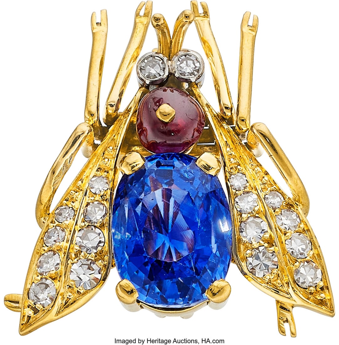 Péry et Fils for Van Cleef & Arpels Ceylon Sapp: Péry et Fils for Van Cleef & Arpels Ceylon Sapphire, Spinel, Diamond, Gold Brooch, circa 1960s Stones: Cushion-shaped sapphire weighing approximately 5.