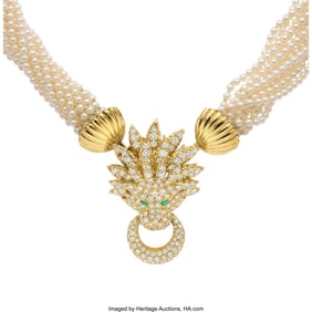 55135: Diamond, Seed Pearl, Emerald, Gold Necklace Sto