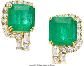 55136: Colombian Emerald, Diamond, Gold Earrings Stone