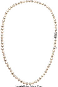 Mikimoto Diamond, Cultured Pearl, White Gold Ne: Mikimoto Diamond, Cultured Pearl, White Gold Necklace Stones: Full-cut diamonds weighing a total of 0.09 carat Pearls: Cultured pearls measuring 8.00 - 9.0