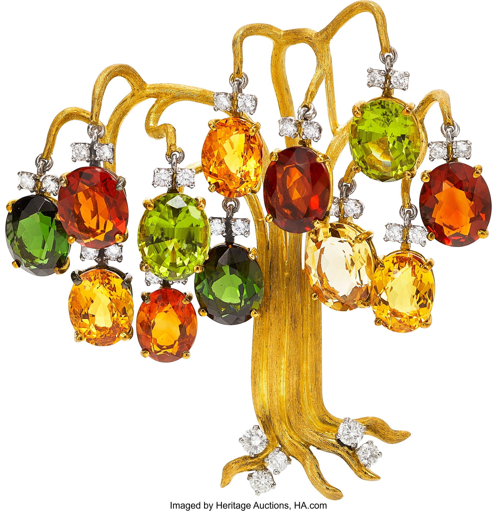 Julius Cohen Multi-Stone, Diamond, Gold Brooch: Julius Cohen Multi-Stone, Diamond, Gold Brooch Stones: Oval-shaped peridot, tourmaline, citrine, and heliodor; full-cut diamonds weighing a total of 1.1