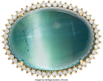 55174: Cat's-Eye Aquamarine, Diamond, Gold Pendant-Bro
