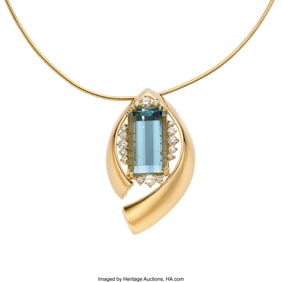 55186: Pamella Aquamarine, Diamond, Gold Pendant-Neckl