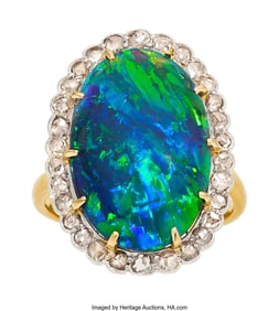55198: Black Opal, Diamond, Platinum-Topped Gold Ring