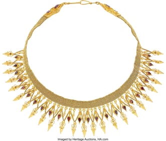 55200: Victorian Etruscan Revival Garnet, Gold Necklace