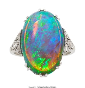 55202: Art Deco Opal, Diamond, Platinum, White Gold Rin