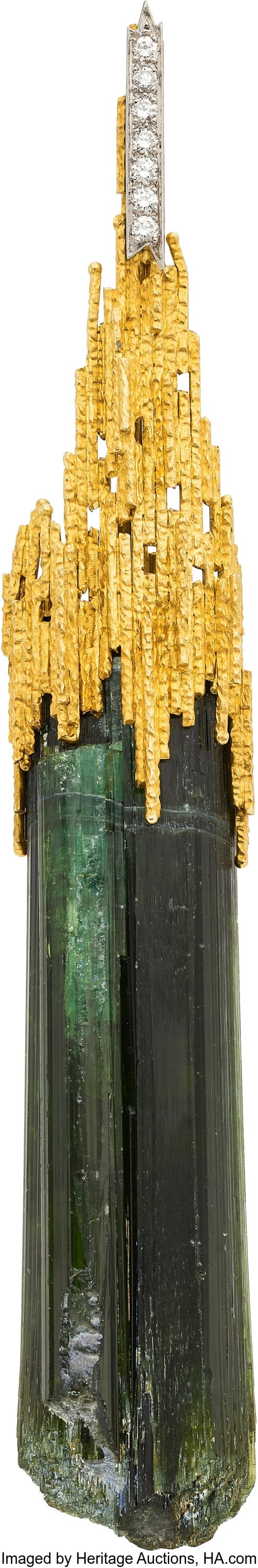 Andrew Grima Tourmaline Crystal, Diamond, Gold: Andrew Grima Tourmaline Crystal, Diamond, Gold Pendant, English circa 1971 Stones: Natural tourmaline crystal; full-cut diamonds weighing a total of approximately 0&period