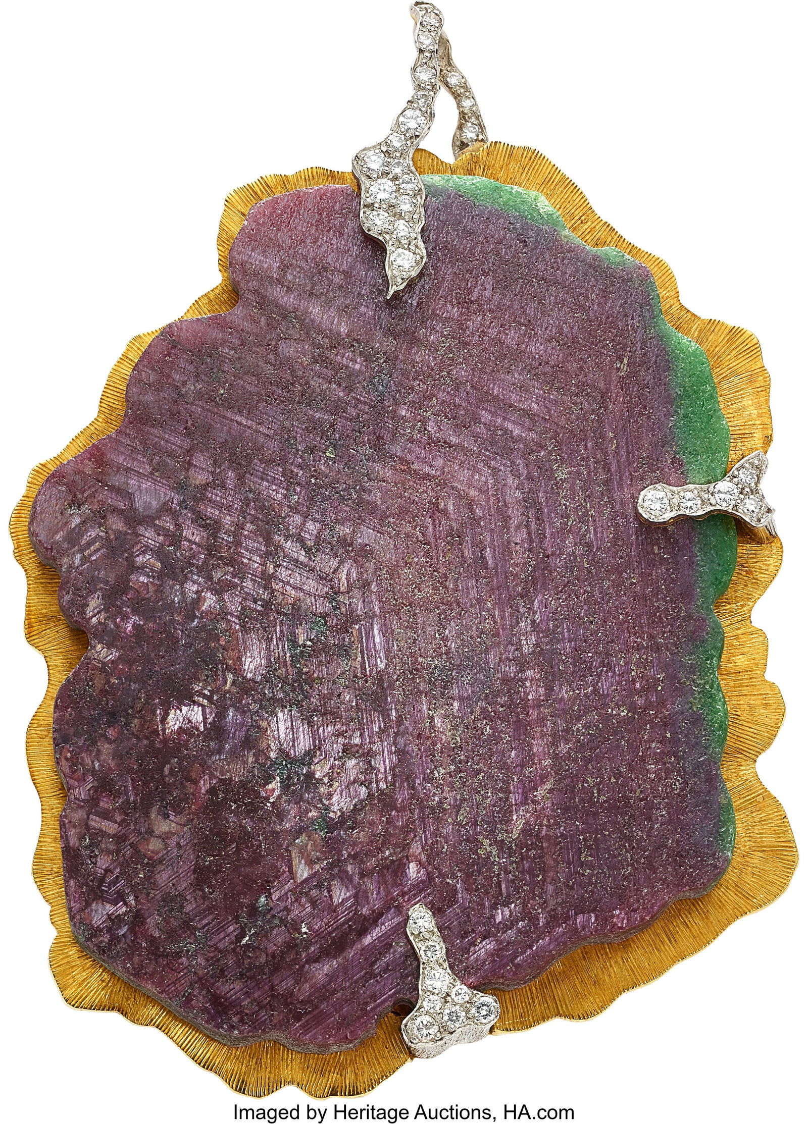 Andrew Grima Ruby-in-Zoisite, Diamond, Platinum: Andrew Grima Ruby-in-Zoisite, Diamond, Platinum, Gold Pendant-Brooch, English, circa 1973 Stones: Ruby-in-zoisite; full-cut diamonds weighing a total of approx