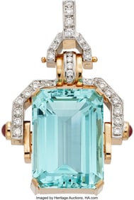 55218: Aquamarine, Diamond, Ruby Gold Pendant Stones: