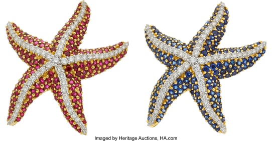 55220: Diamond, Ruby, Sapphire, Gold Brooches Stones: