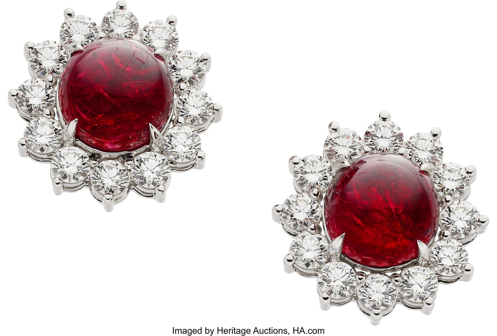Burma Spinel, Diamond, Platinum Earrings Stones: Burma Spinel, Diamond, Platinum Earrings Stones: Spinel cabochons; full-cut diamonds weighing a total of approximately 2.75 carats Metal: Platinum Gross Weight&colo