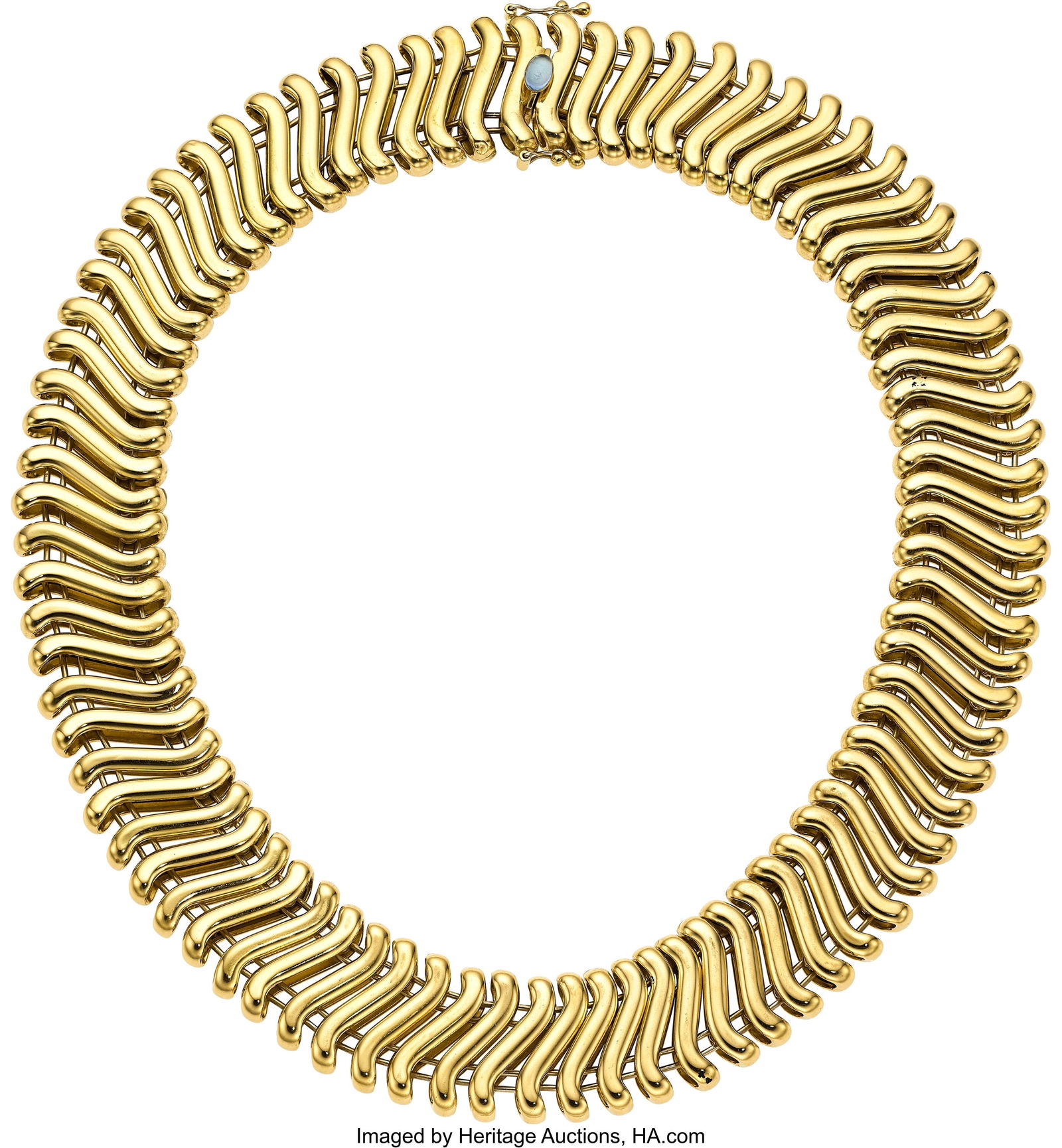 Moonstone, Gold Necklace Stones: Moonstone cabo: Moonstone, Gold Necklace Stones: Moonstone cabochon Metal: 18k gold Gross Weight: 116.50 grams Dimensions: 18 inches x 1 inch Property from the Martha Ramsey Estat