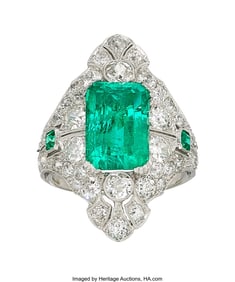 55257: Art Deco Colombian Emerald, Diamond, Platinum Ri