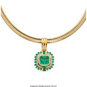 55288: Colombian Emerald, Diamond, Gold Pendant-Neckla