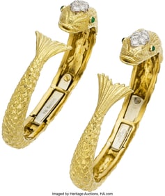 55291: David Webb Diamond, Emerald Gold Bracelets Ston