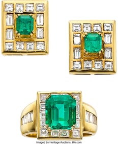 55303: Colombian Emerald, Diamond, Gold Jewelry Suite