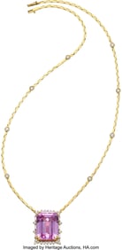 55310: Kunzite, Diamond, Gold Necklace Stones: Octagon